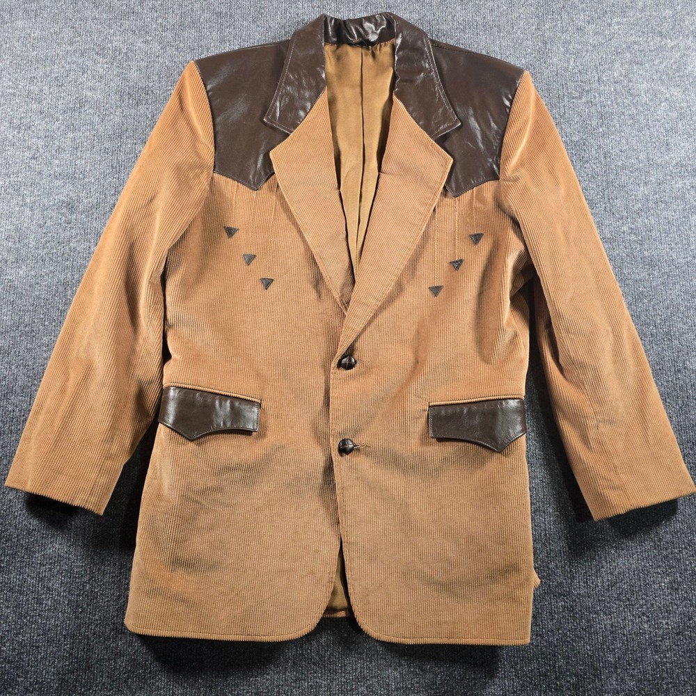Vintage Pioneer Wear Corduroy Western Blazer Leather Yoke Tan Mens 42 USA Made